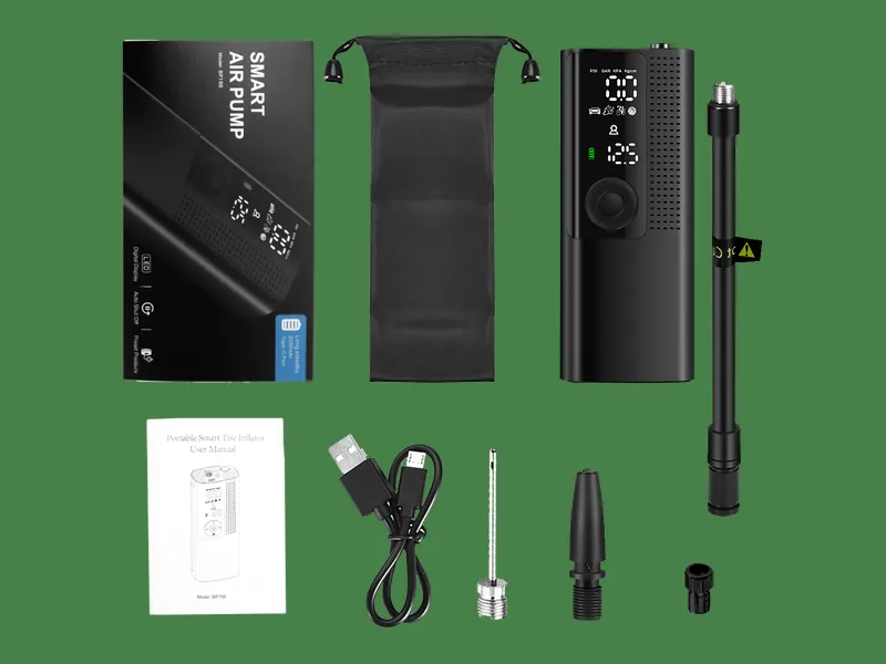 Airmoto inflator with its box, pouch, hose, cable and nozzle adapters